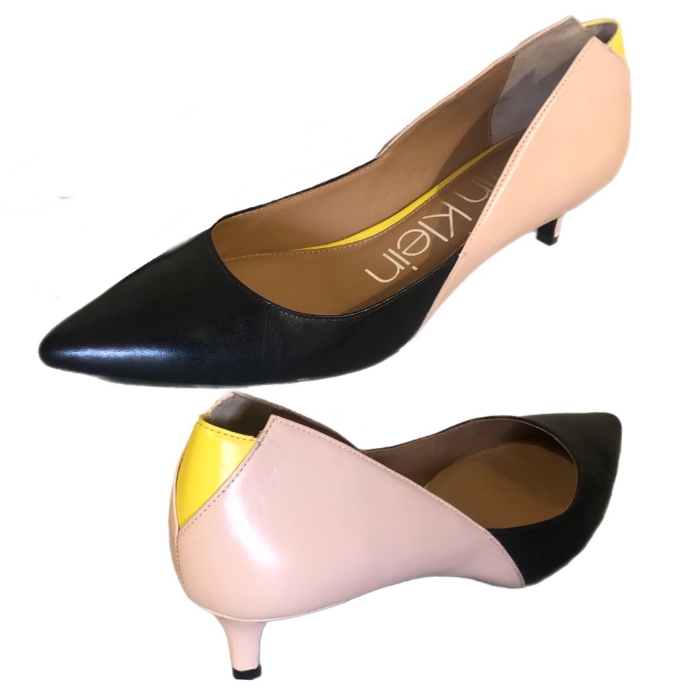 CK nude black and yellow colorblock leather pumps 🕶️🌼👡